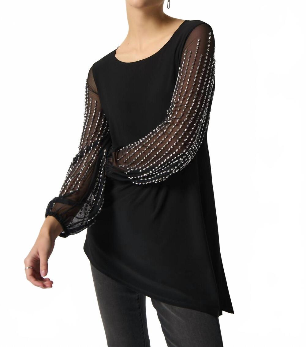NEW JOSEPH RIBKOFF puff sleeve top with beaded detailing in black